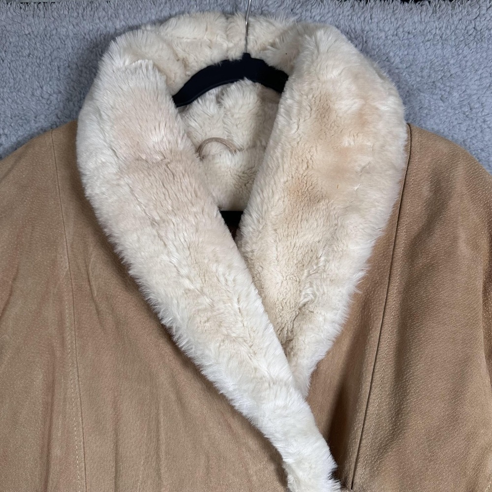 Boundary Waters Coat Womens Large Tan Suede Leather Faux Shearling Shawl Collar - Picture 6 of 16